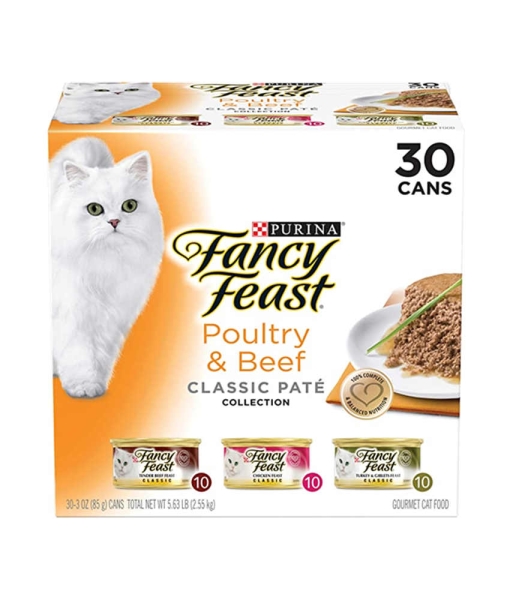Purina Fancy Feast Grain Free Pate Wet Cat Food Variety Pack, Poultry & Beef Collection – (30) 3 Oz. Cans