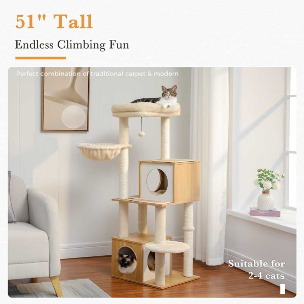Large Cat Tree 51 Inches Wooden Cat Tower - Cat Tree&Tunnel - 3