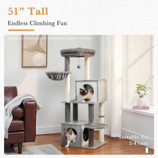 Large Cat Tree 51 Inches Wooden Cat Tower with Double Condos - Cat Tree&Tunnel - 3