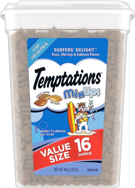TEMPTATIONS MIXUPS Crunchy and Soft Cat Treats Surfer’s Delight Flavor, 16 oz. Tub