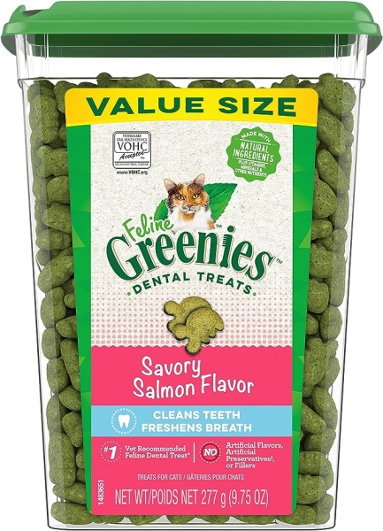 FELINE GREENIES Adult Dental Cat Treats, Savory Salmon Flavor, 9.75 oz. Tub