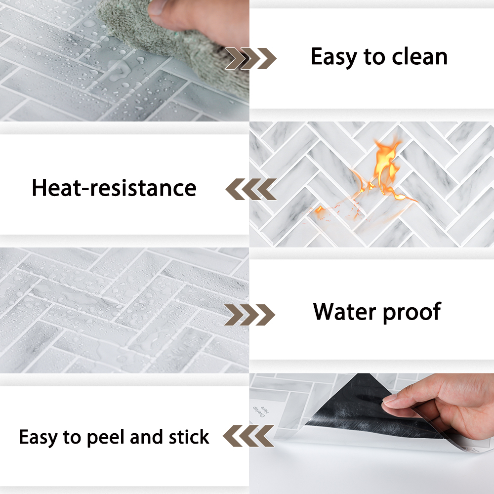 ilemong 10-Sheet Peel and Stick Backsplash Tile Herringbone Vinyl Wall Tiles in Gray for Kitchen, Fireplace - backsplash tile - 3