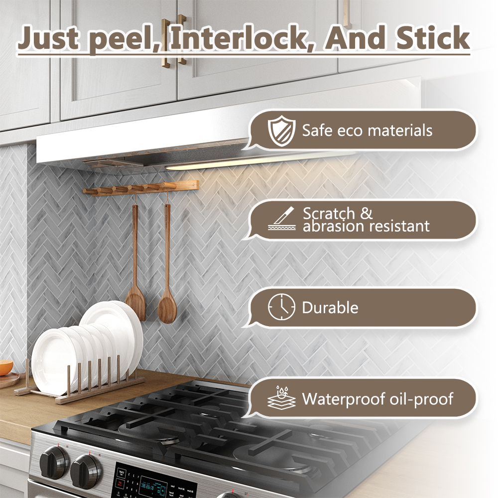 ilemong 10-Sheet Peel and Stick Backsplash Tile Herringbone Vinyl Wall Tiles in Gray for Kitchen, Fireplace - backsplash tile - 4