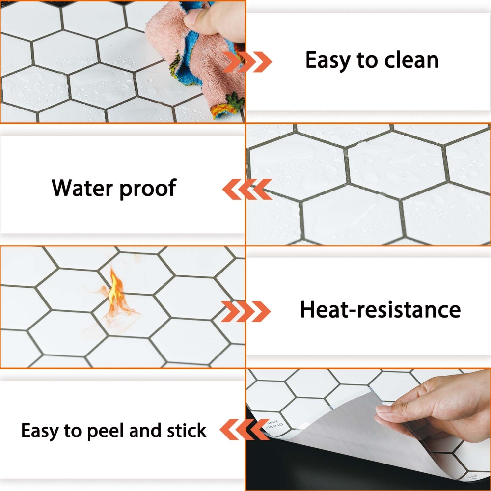 ilemong Hexagon Vinyl Peel, Stick Backsplash 12 in. x 12 in. Stick on Wall Tile for Kitchen Fireplace - backsplash tile - 3