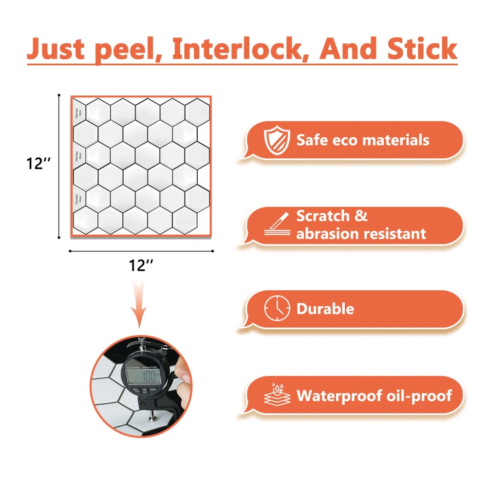 ilemong Hexagon Vinyl Peel, Stick Backsplash 12 in. x 12 in. Stick on Wall Tile for Kitchen Fireplace - backsplash tile - 2