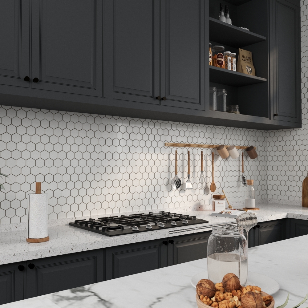 ilemong Hexagon Vinyl Peel, Stick Backsplash 12 in. x 12 in. Stick on Wall Tile for Kitchen Fireplace - backsplash tile - 4