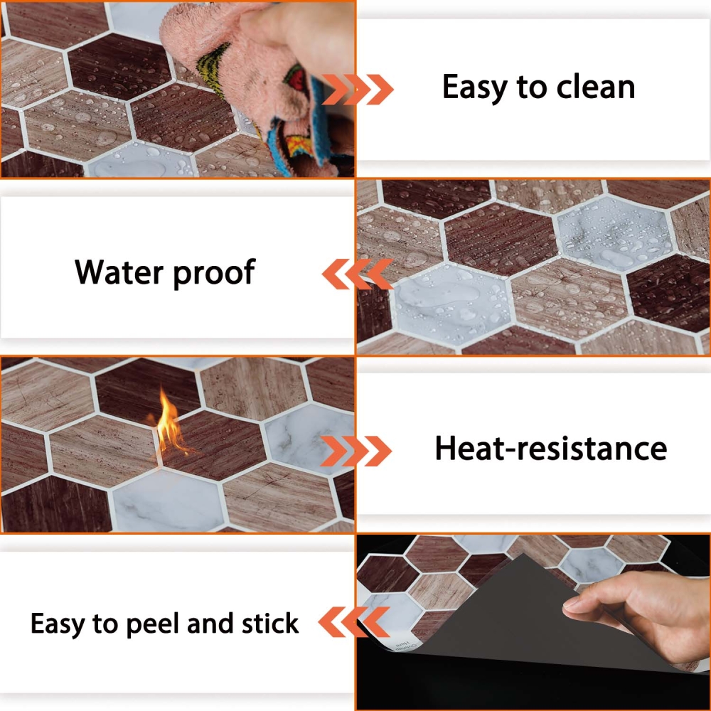 ilemong Hexagon Vinyl Peel and Stick Backsplash Fireplace, RV in Brown, 10-Tile - backsplash tile - 3