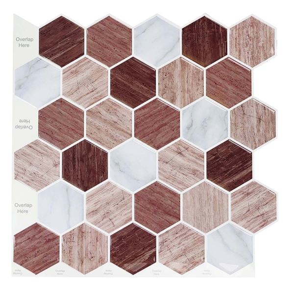 ilemong Hexagon Vinyl Peel and Stick Backsplash Fireplace, RV in Brown, 10-Tile
