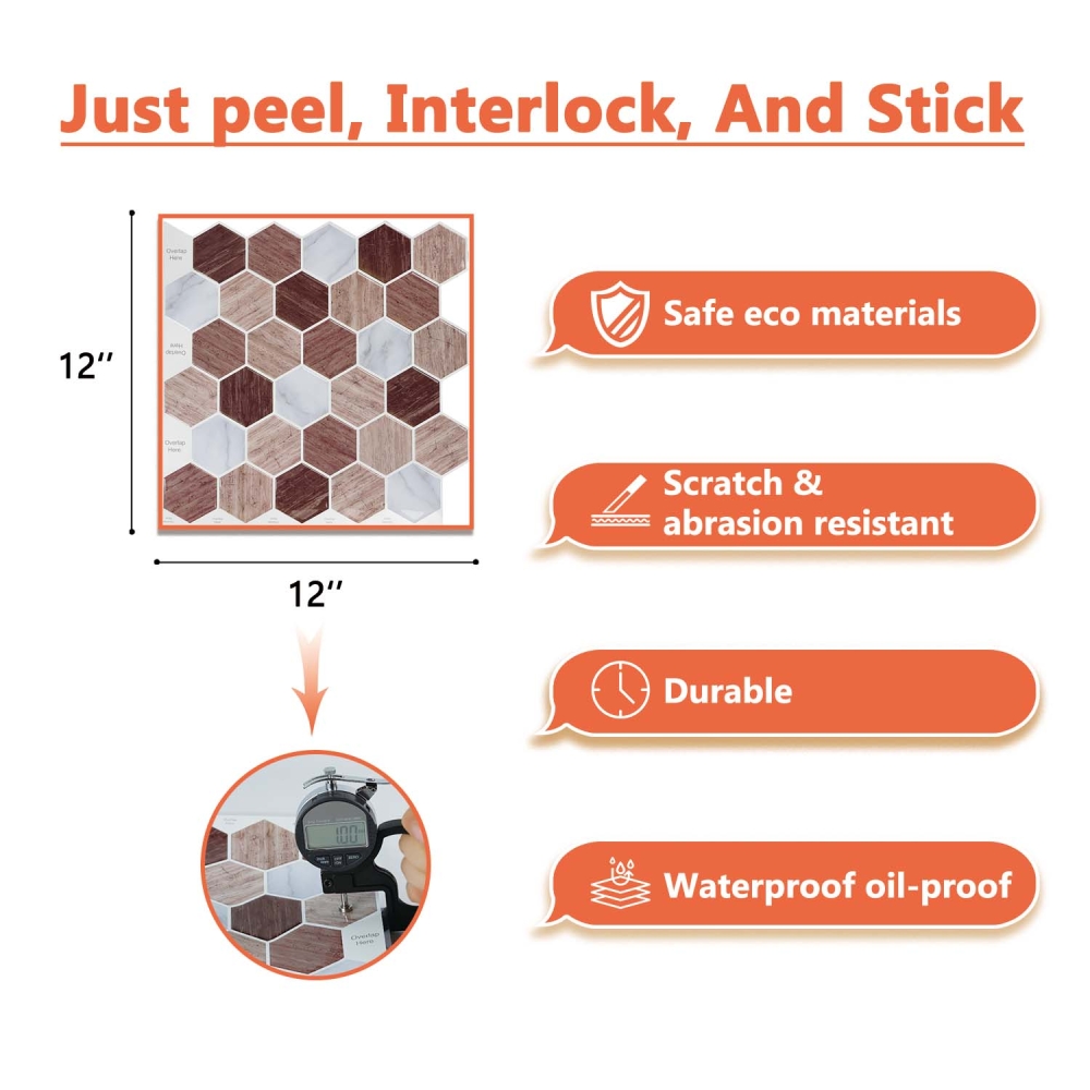 ilemong Hexagon Vinyl Peel and Stick Backsplash Fireplace, RV in Brown, 10-Tile - backsplash tile - 2