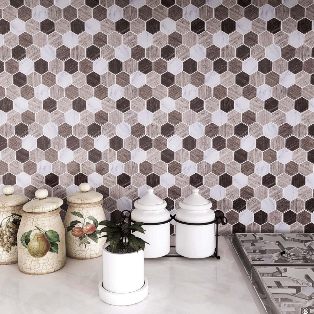 ilemong Hexagon Vinyl Peel and Stick Backsplash Fireplace, RV in Brown, 10-Tile - backsplash tile - 4