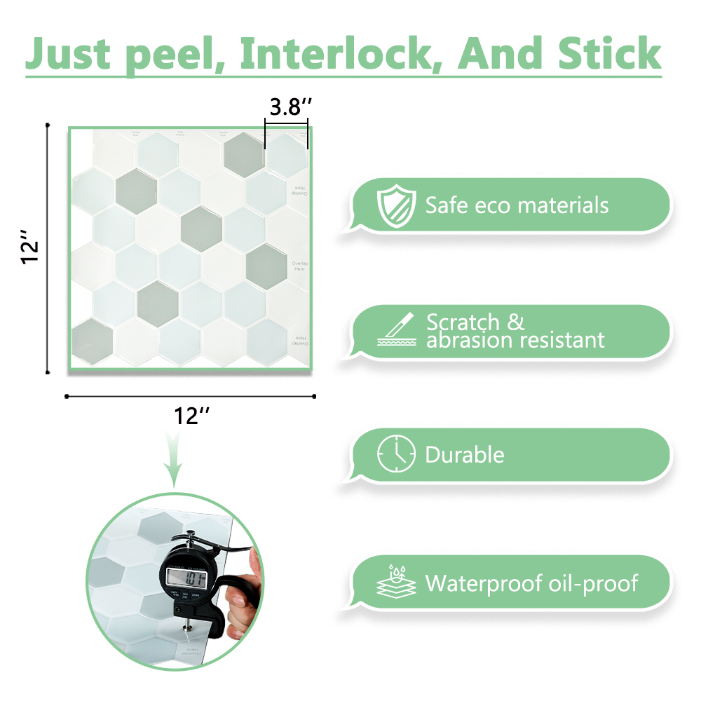 ilemong Vinyl Stick on Wall Tile for Kitchen Fireplace and RV in Gray, 10 Tiles - backsplash tile - 2