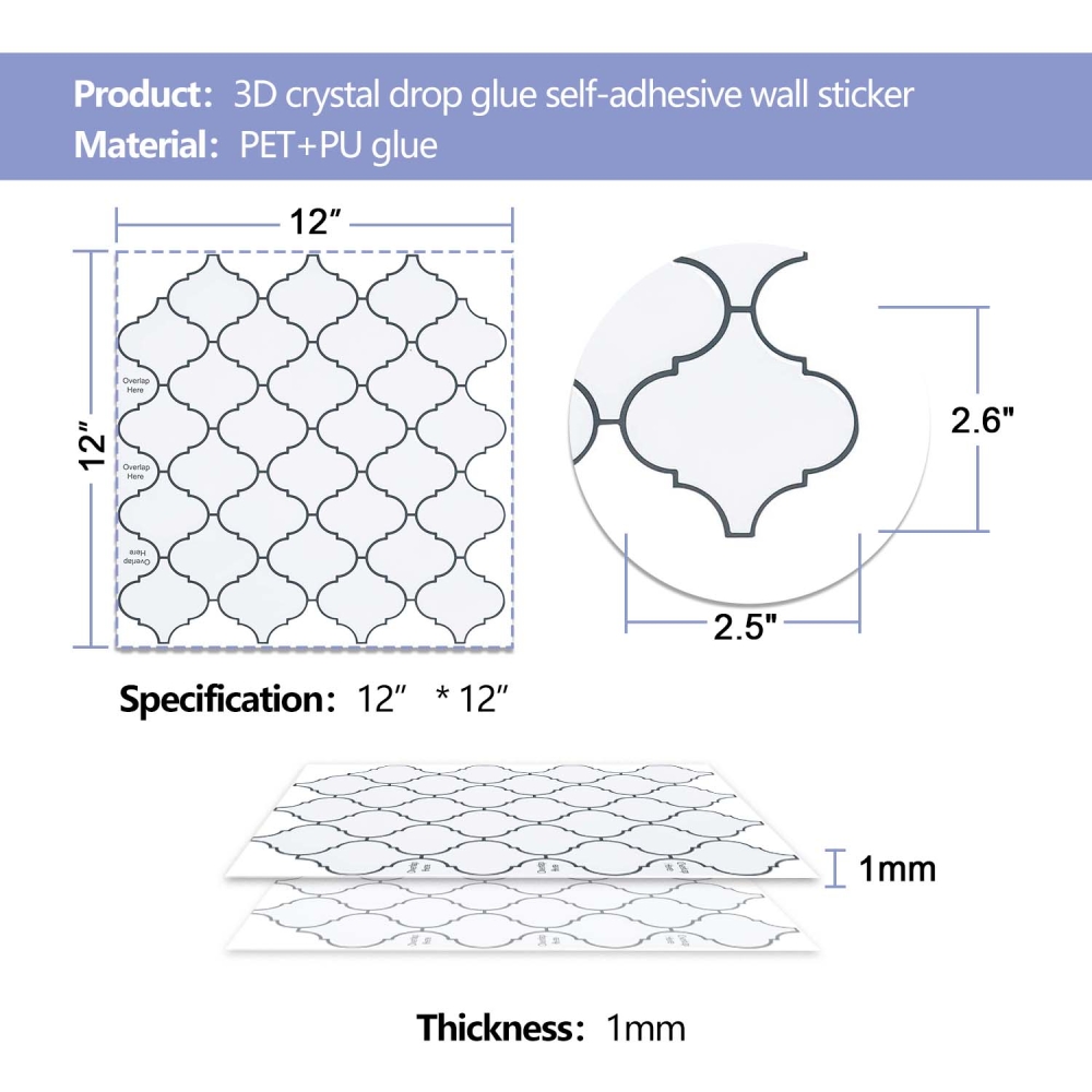 ilemong 12 in. x 12 in. stick on tiles kitchen backsplash, White 10-Pack - backsplash tile - 3