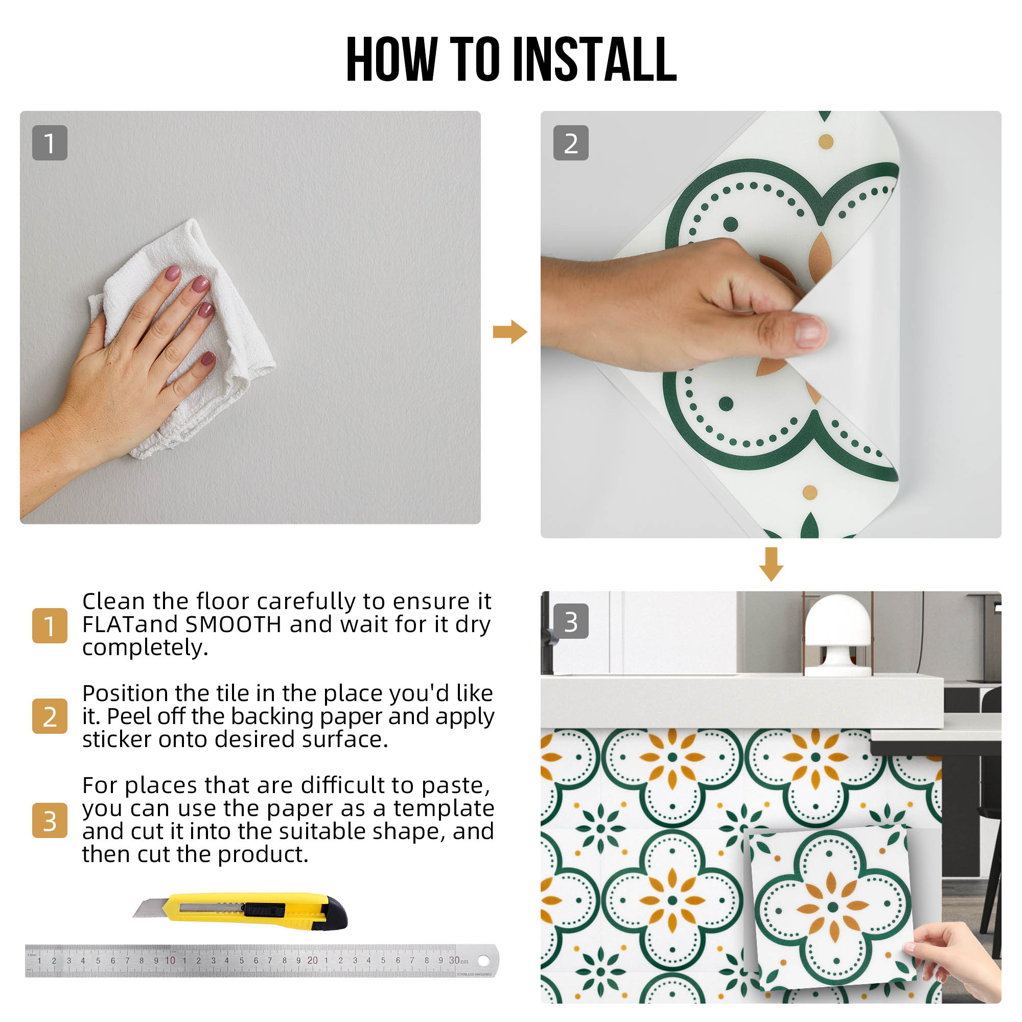ilemong PVC Self-Adhesive Backsplash Tiles for Wall, Floor, Green Durable abnd Scratch-resistant - backsplash tile - 4