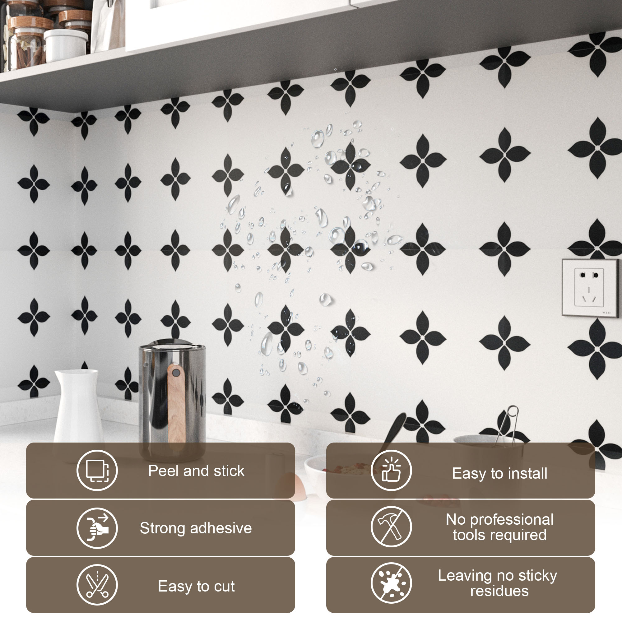 ilemong 10-Pack Beige and Black Waterproof peel and stick tile ,Wide Variety of Patterns/Colors - backsplash tile - 2