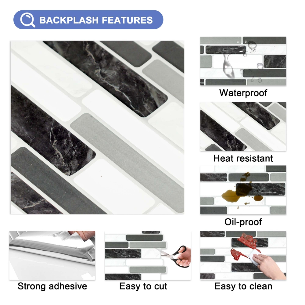 ilemong 12 in. x 12 in. Gray Peel and Stick Vinyl Backsplash Self Adhesive Wall Tile for Kitchen (10-Pack, 10 sq. ft./Case) - backsplash tile - 3