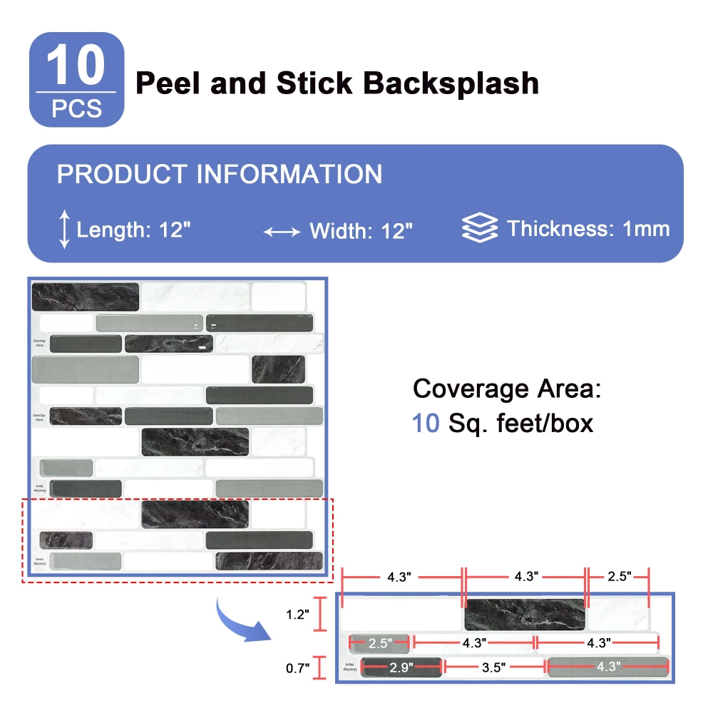ilemong 12 in. x 12 in. Gray Peel and Stick Vinyl Backsplash Self Adhesive Wall Tile for Kitchen (10-Pack, 10 sq. ft./Case) - backsplash tile - 2