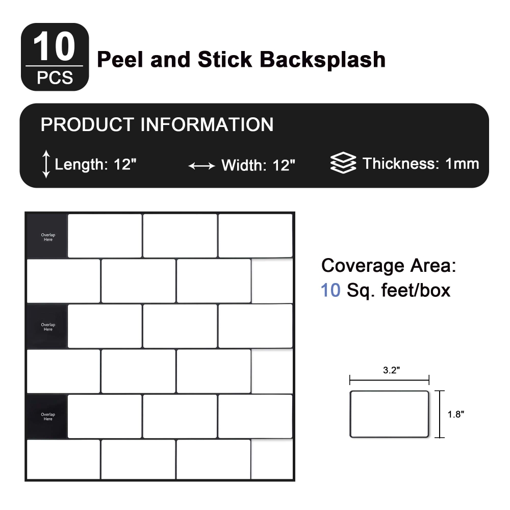 ilemong White 12 in. x 12 in. Renter Friendly Wall Tiles,No Drill Adhesive - backsplash tile - 2