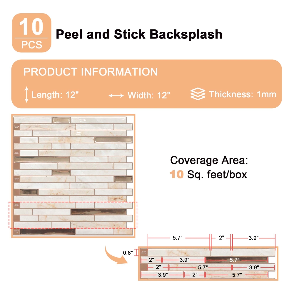ilemong 12 in. x 12 in. sticky tiles for kitchen walls, Copper (10-Pack, 10 sq. ft. / Case) - backsplash tile - 2