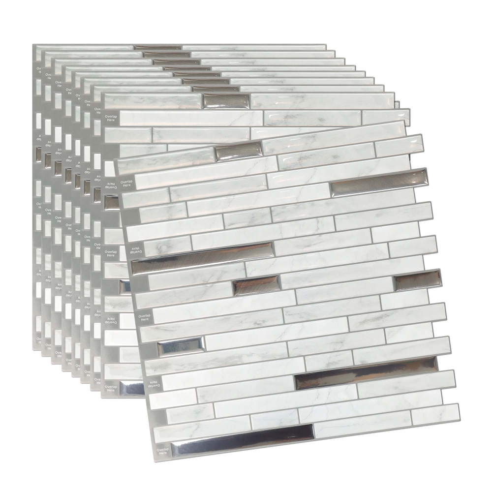 ilemong Silver Vinyl Peel and Stick Tile Backsplash -12 in. x 12 in. Oil-Resistant - backsplash tile - 1