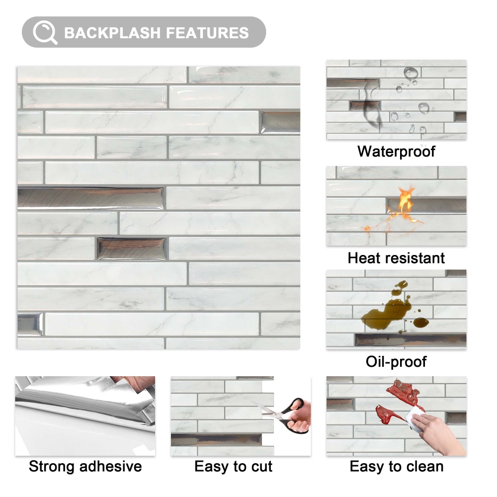 ilemong Silver Vinyl Peel and Stick Tile Backsplash -12 in. x 12 in. Oil-Resistant - backsplash tile - 3