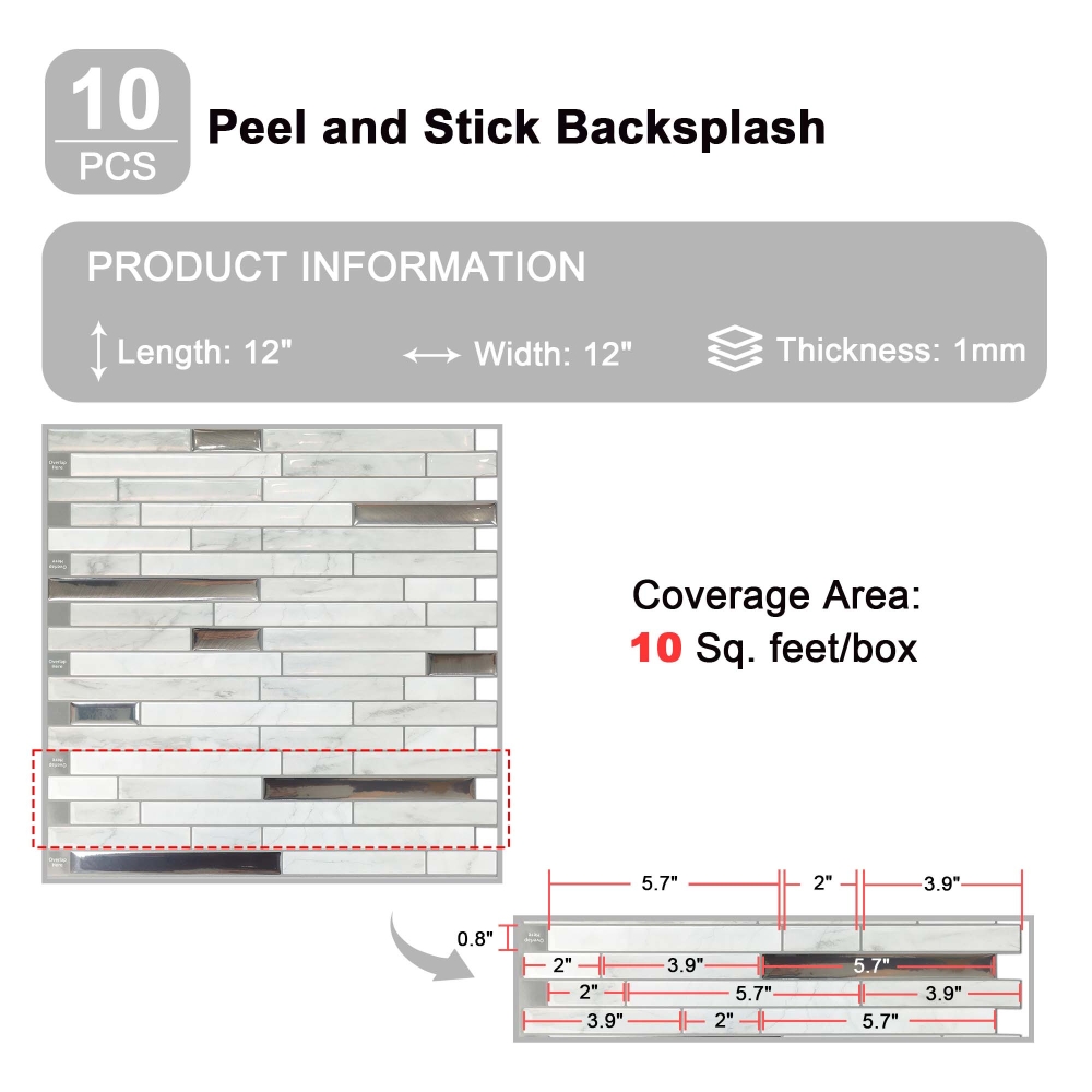 ilemong Silver Vinyl Peel and Stick Tile Backsplash -12 in. x 12 in. Oil-Resistant - backsplash tile - 2