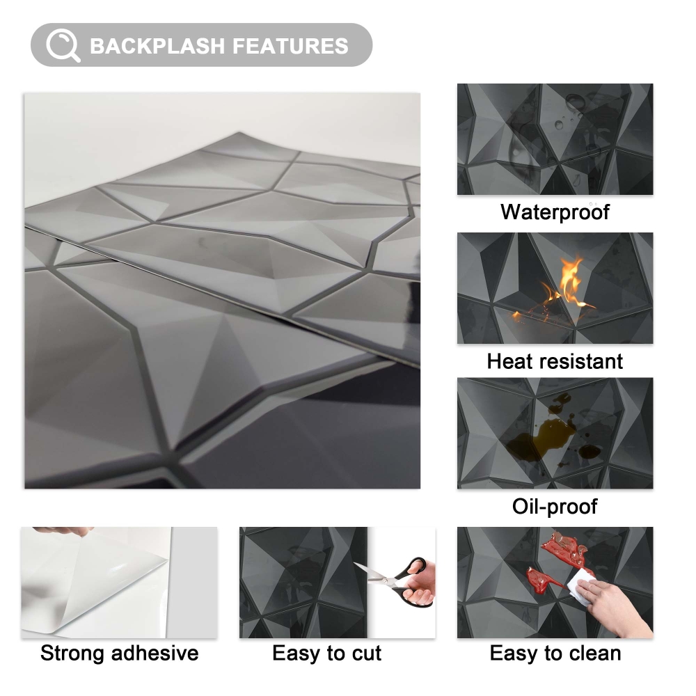 ilemong vinyl tiles self adhesive wall-Black Waterproof/Moisture Resistant (10-Pack 10 sq. ft. / Case) - backsplash tile - 3