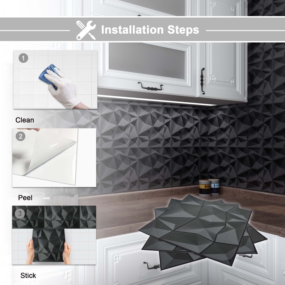 ilemong vinyl tiles self adhesive wall-Black Waterproof/Moisture Resistant (10-Pack 10 sq. ft. / Case) - backsplash tile - 4