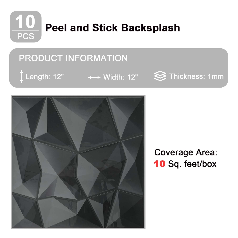 ilemong vinyl tiles self adhesive wall-Black Waterproof/Moisture Resistant (10-Pack 10 sq. ft. / Case) - backsplash tile - 2