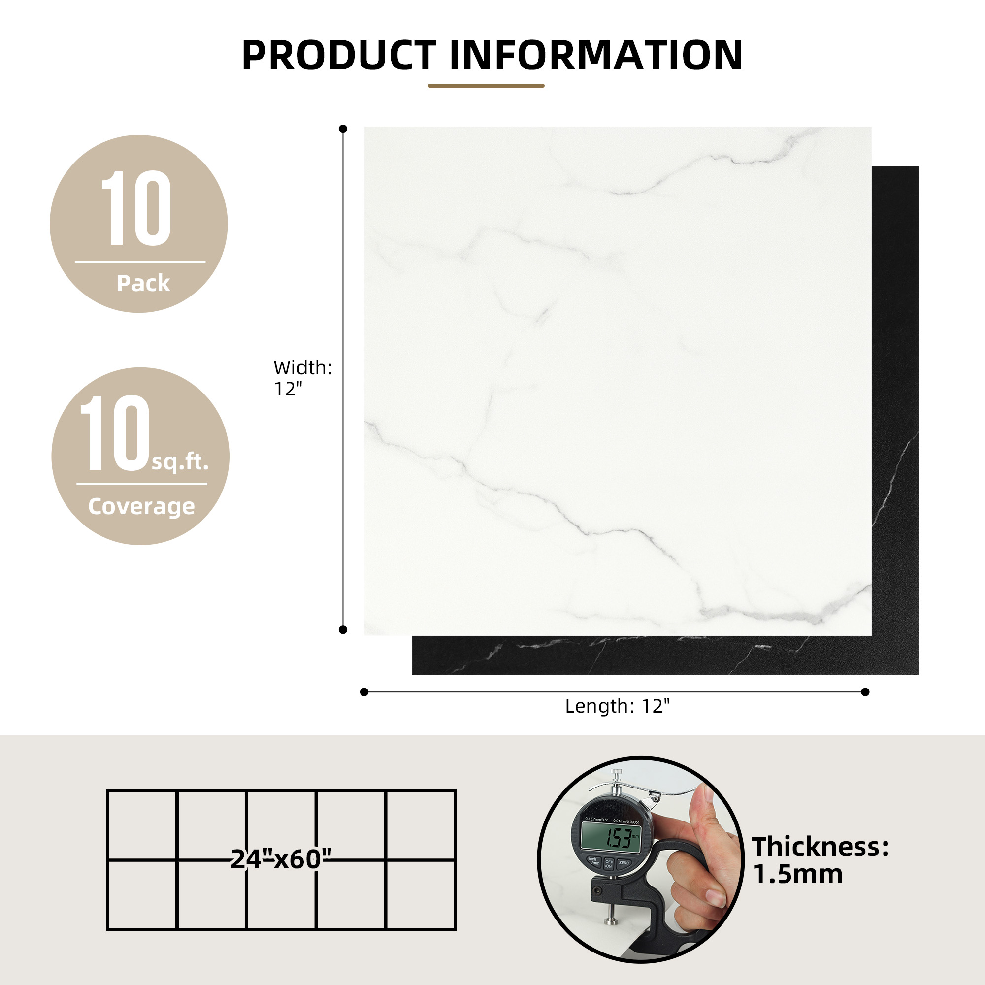 ilemong 12 in. x 12 in. Vinyl sticky floor tiles, suitable for kitchen and bathroom use (10-piece pack) - backsplash tile - 2