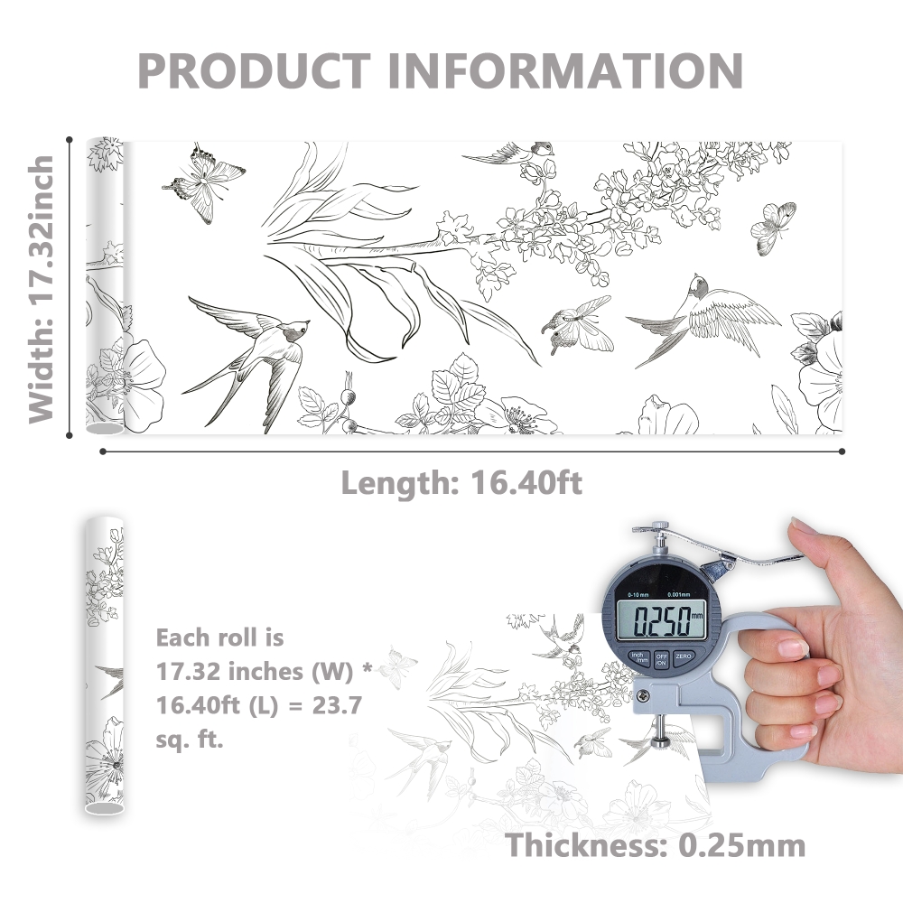 ilemong Bird Wallpaper Peel and Stick Wallpaper Roll Vinyl Decorative Contact Paper 17.32 in. x 16. 40 ft. for Bedroom Cabinet - backsplash tile - 3